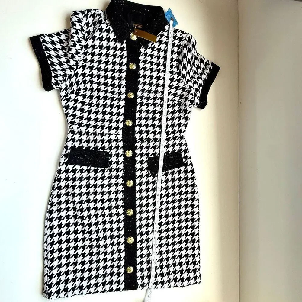 NWT Alexia Admor “Jenni” Tweed Shirtdress black/white houndstooth. Size 10 - Picture 12 of 15